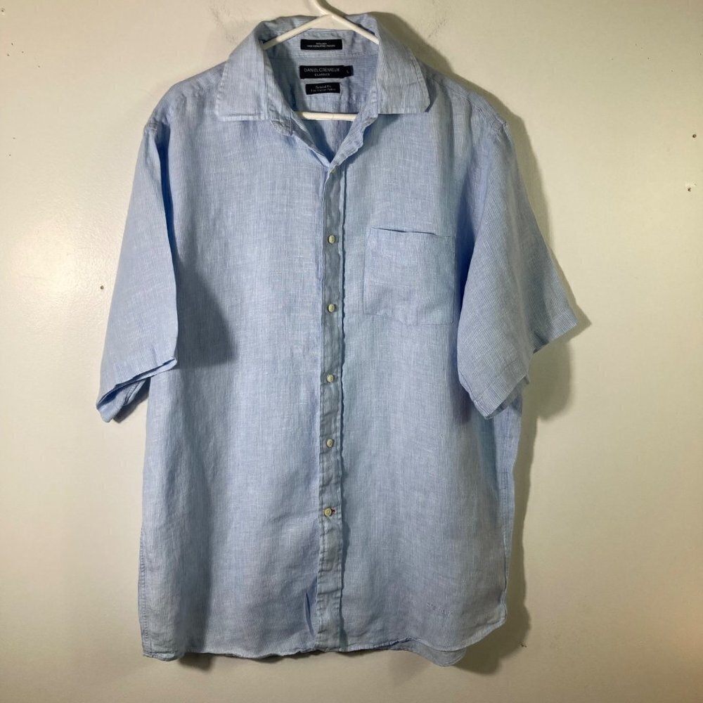 Mens Daniel Cremieux Linen Button Short Sleeve‎ Shirt Lt Blue White Pin Stripe L